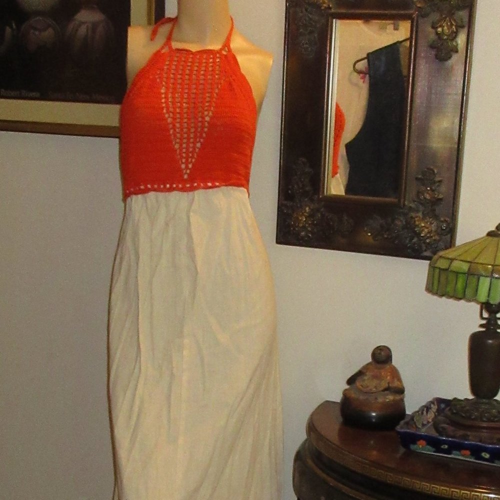 Orange Crochet Halter Top Maxi Dress Medium